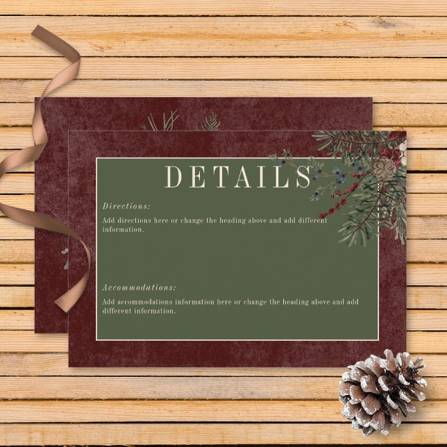 Information om Rustic Winter Berries & Gräs Burgun Tilläggskort (Rustic Winter Berries & Pine Burgundy Wedding Details Card)