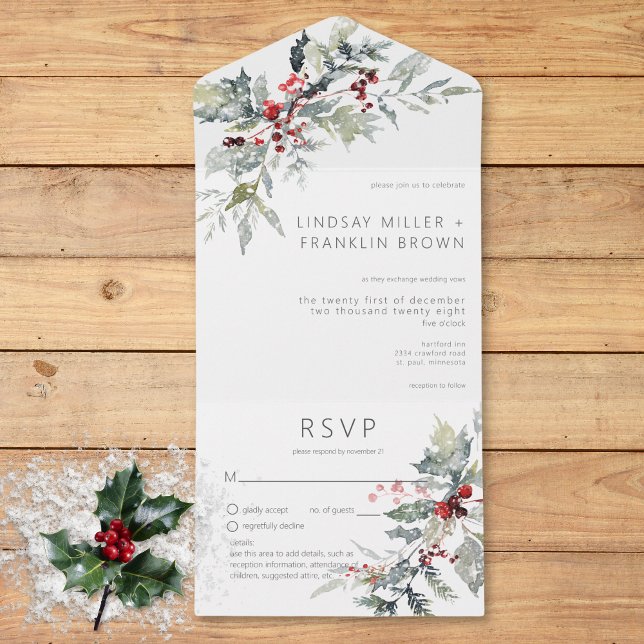 Information om Rustic Winter Holly Berries & Snö (Rustic Winter Holly Berries & Snow Details All In One Invitation)