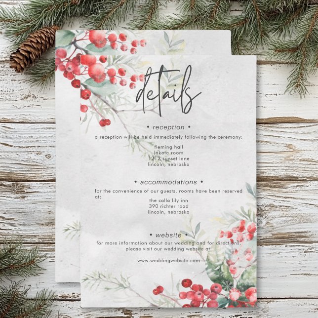 Information om Rustic Winter Holly & Gräs Bröllop Tilläggskort (Rustic Winter Holly & Pine Wedding Details Enclosure Card)