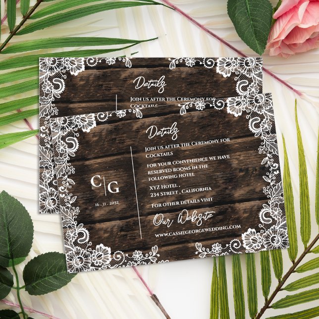 Information om Rustic Wood and White Snöre Bröllop Tilläggskort (Rustic Wood and White Lace Wedding Details Info Enclosure Card)