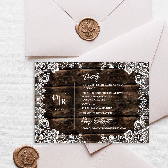 Information om Rustic Wood and White Snöre Bröllop Tilläggskort (Rustic Wood and White Lace Wedding Details Info Enclosure Card)