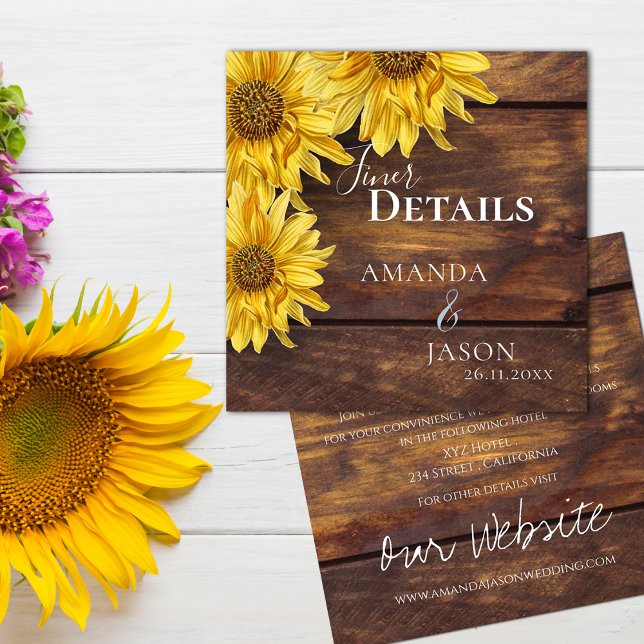 Information om Rustic Wood Gult Solrosblommor - br Tilläggskort (Rustic Wood Yellow Sunflower Fall Wedding Details Enclosure Card)