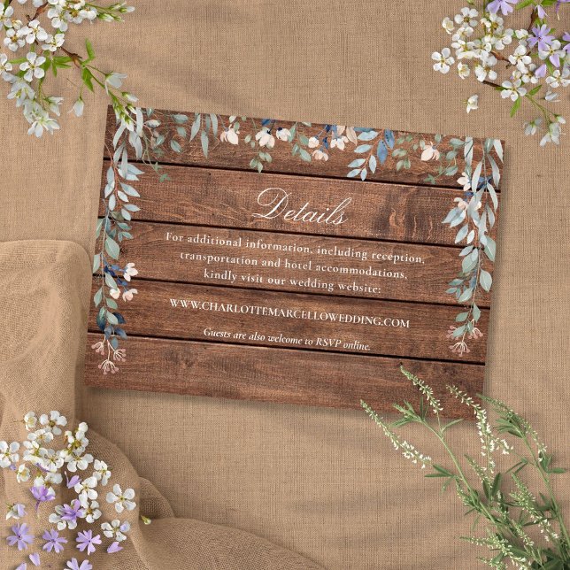 Information om Rustic Wood Wildblomme Blommigt Brö Tilläggskort (Rustic Wood Wildflowers Floral Wedding Details Enclosure Card)