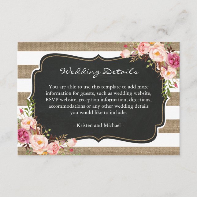 Information om Rustik Burlap Rand Blommigt Bröllop Tilläggskort (Framsida)