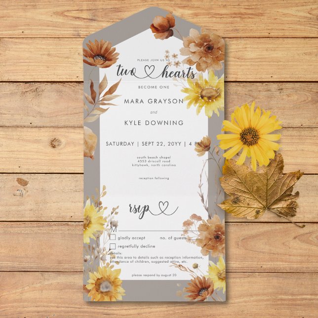 Information om rustik solrostaupe och vit höst (Rustic Autumn Sunflower Taupe & White Details All In One Invitation)