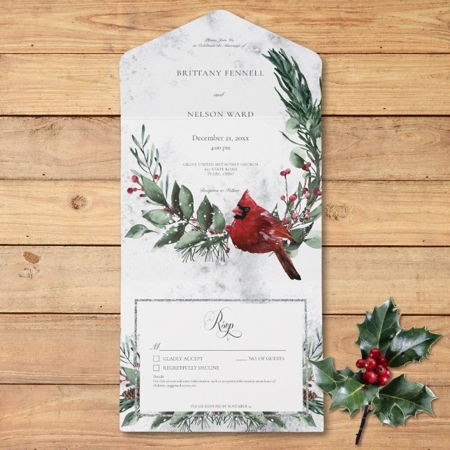 Information om rustiskt vinterkrans och röd kardin (Rustic Winter Wreath & Red Cardinal Details All In One Invitation)