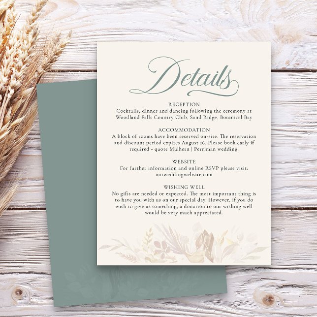 Information om Sage Grönt Botanical Foliage Bröllo Tilläggskort (Sage Green wedding details enclosure card - Foliage Duet wedding collection)