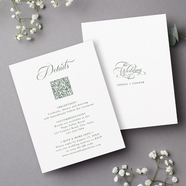Information om Sage Grönt delikat Elegant bröllop Tilläggskort (Front & Back)