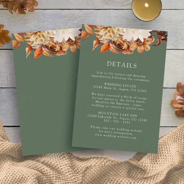 Information om Sage Grönt Fall Terracotta Blommigt Tilläggskort (Sage Green Fall Terracotta Floral Wedding Details Enclosure Card by Painted Paperie
)
