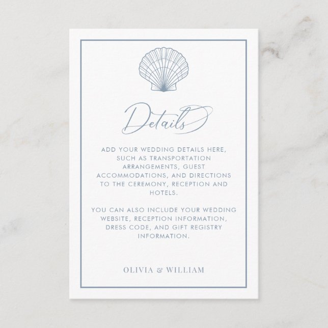 Information om Seashell Dusty Blue Beach Wedding Tilläggskort (Framsida)