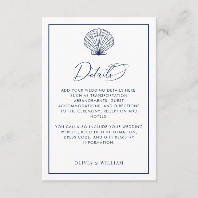 Information om Seashell Navy Blue Beach Wedding Tilläggskort (Framsida)