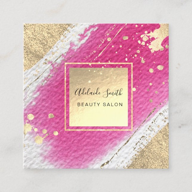 Information om shock rosa vattenfärgsfaux guld-fol fyrkantigt visitkort (Framsida)