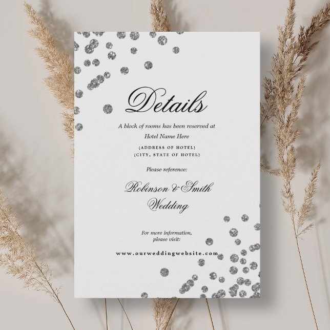 Information om Silver Confetti Bröllop i Romantisk Tilläggskort (Romantic Script Silver Confetti Wedding Details Enclosure Card)