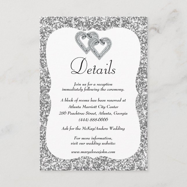 Information om silver Glitter Diamond Hearts Bröll Tilläggskort (Framsida)