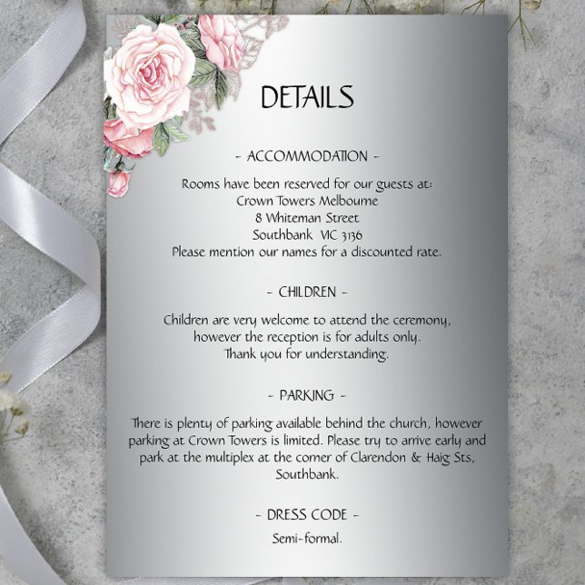 Information om silver och Rosa ros Bröllop Tilläggskort (Skapare uppladdad)