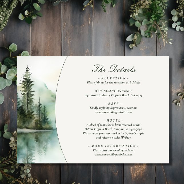 Information om Sjö-skogen Bröllop i Rustic Mountai Tilläggskort (Front - Rustic Mountain Lake Forest Wedding Details Enclosure Card)