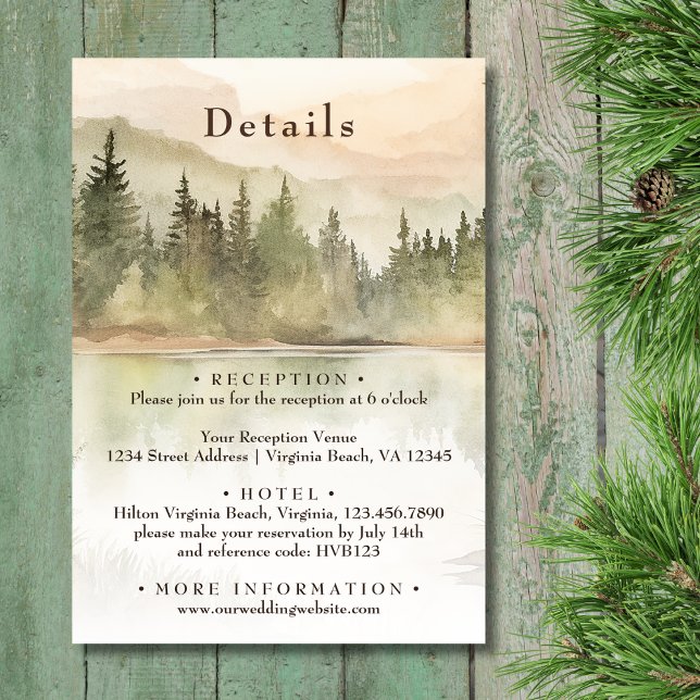 Information om Sjö-skogen Bröllop i Rustic Mountai Tilläggskort (Front - Rustic Mountain Lake Forest Wedding Details Enclosure Card)