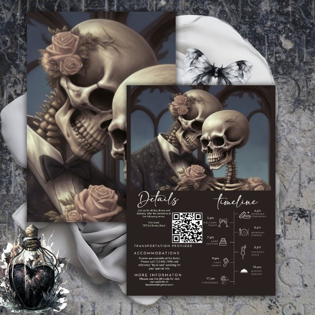 Information om Skeleton par Bröllop Tilläggskort (Til Death Do Us Part Wedding Details &  Itinerary Enclosure Card)