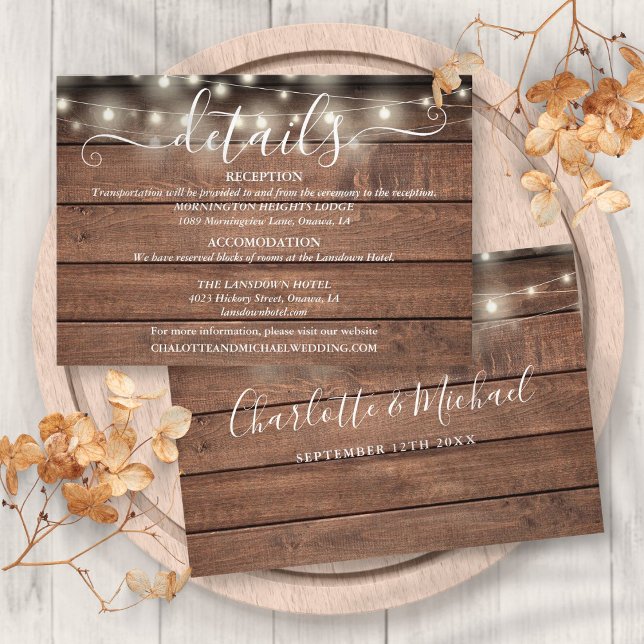Information om skriptet Bröllop för Ljus String Tilläggskort (Rustic Wood String Lights Script Wedding Details Enclosure Card)
