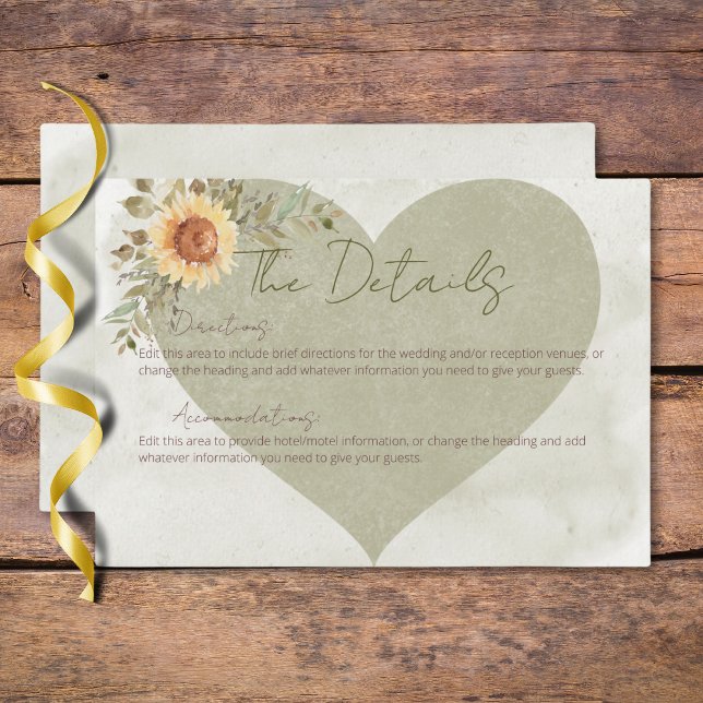 Information om Soft Sunblommor Boho Heart Bröllop Tilläggskort (Soft Sunflowers Boho Heart Wedding Details Enclosure Card)