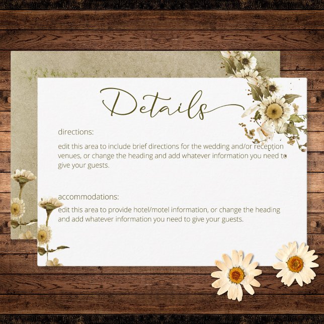 Information om sommarblommor och Daisy Bröllop Tilläggskort (Summer Wildflowers & Daisies Wedding Details Enclosure Card)