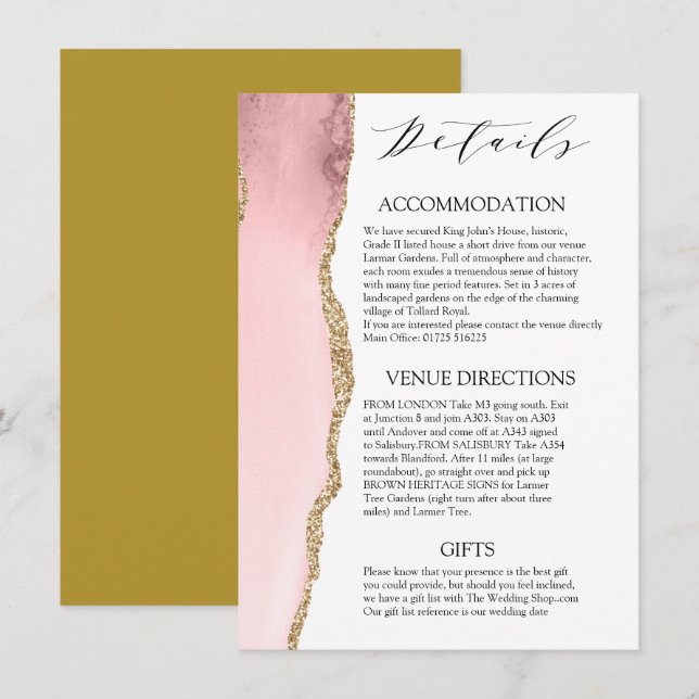 Information om söt  Rosa Agate Modern bröllop Tilläggskort (Fram/baksida)