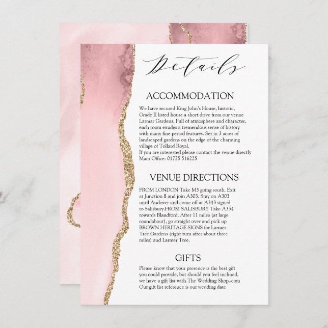 Information om söt  Rosa Agate Modern bröllop Tilläggskort (Fram/baksida)