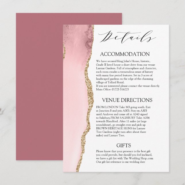 Information om söt  Rosa Agate Modern bröllop Tilläggskort (Fram/baksida)