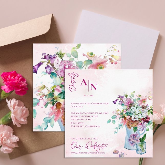 Information om söt Rustic Rosa Blommigt Garden Wed Tilläggskort (Pretty Rustic Pink Floral Garden Wedding Details Enclosure Card)