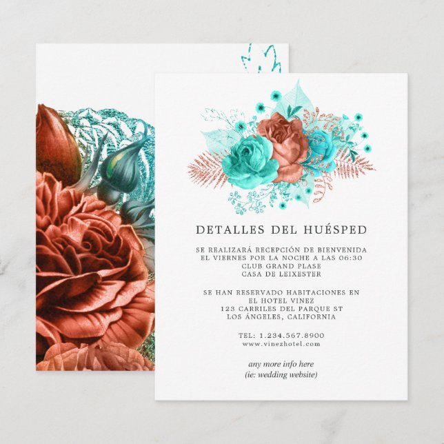 Information om spanska Turkos och Coral Bröllop Gu Tilläggskort (Fram/baksida)