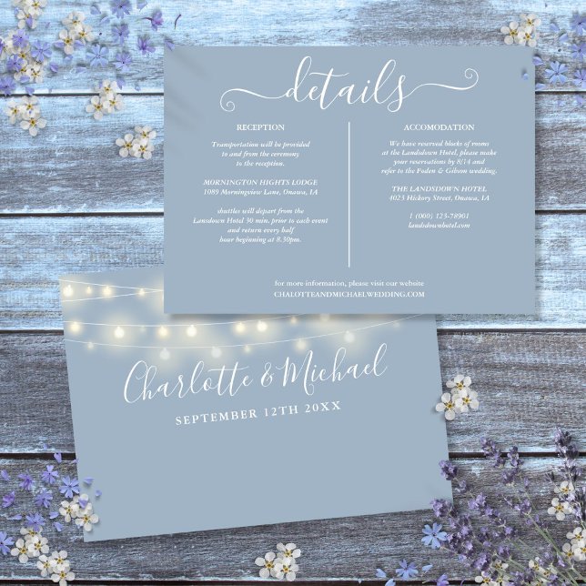 Information om String Ljus Dusty Blue Bröllop Inbjudningar (String Lights Dusty Blue Wedding Details Info Invitation)