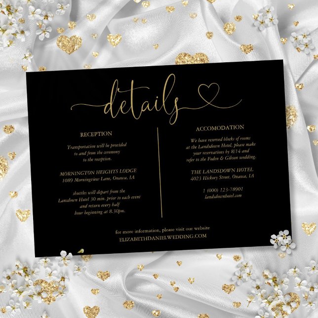 Information om svart och guld hjärtskrift detaljer inbjudningar (Black And Gold Heart Script Details Information Invitation)