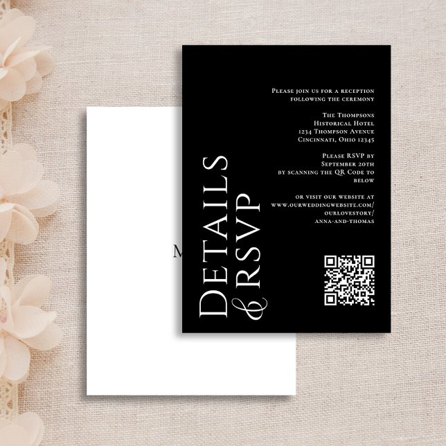 Information om svart och vit modern QR-OSA Tilläggskort (Simple modern black and white details and RSVP online enclosure card. )