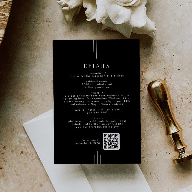 Information om Svart QR-kod Bröllop enligt artikel Tilläggskort (EVERLY Art Deco Black QR Code Wedding Details Enclosure Card)