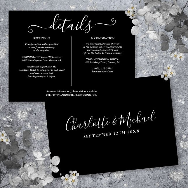 Information om svarta och vita bröllopsdetaljer inbjudningar (Black And White Wedding Details Information Invitation)