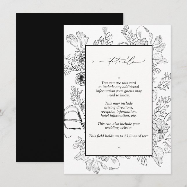 Information om Svartvit Blommigt Bröllop Tilläggskort (Fram/baksida)