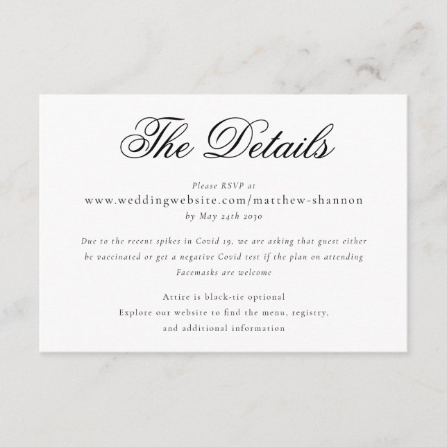Information om svartvit Bröllop i elegant Script Tilläggskort (Framsida)