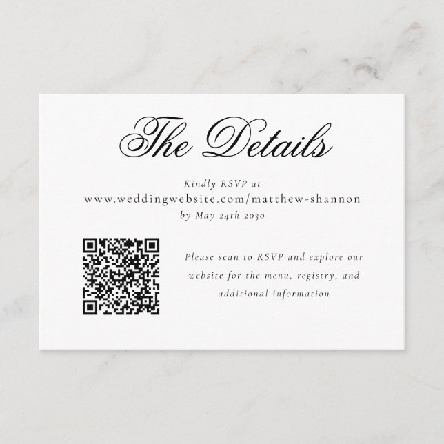 Information om svartvit Bröllop OSA i elegant Scri Tilläggskort (Framsida)