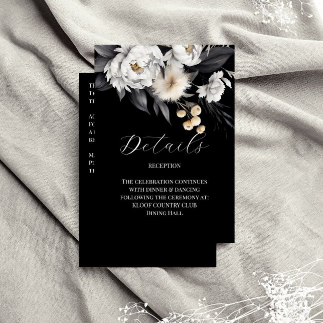 Information om svartvit elegant boho bröllop tilläggskort (Black and white elegant boho wedding details enclosure card white peonies black background wedding)