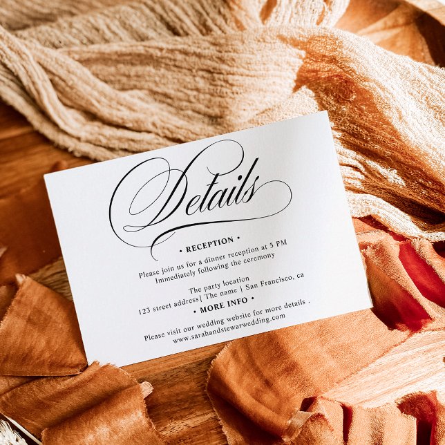 Information om svartvit kalligrafi-chic bröllop tilläggskort (Black white calligraphy chic details wedding enclosure card)