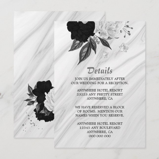 Information om svartvita blommor i eleganten tilläggskort (Fram/baksida)