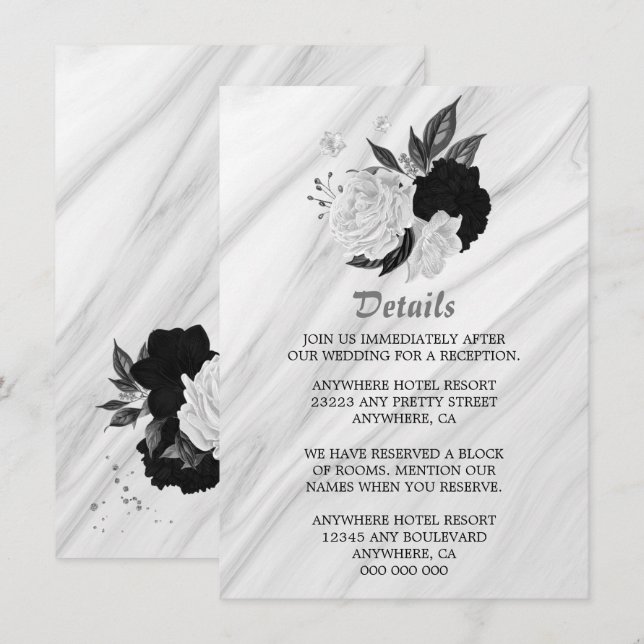 Information om svartvita blommor i eleganten tilläggskort (Fram/baksida)