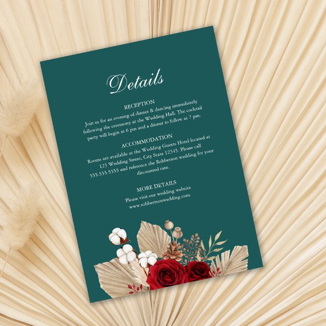 Information om Teal Burgundy Ro Bröllop Inbjudningar (Teal and Burgundy Wedding Detail Card template on dry palm leaf.)