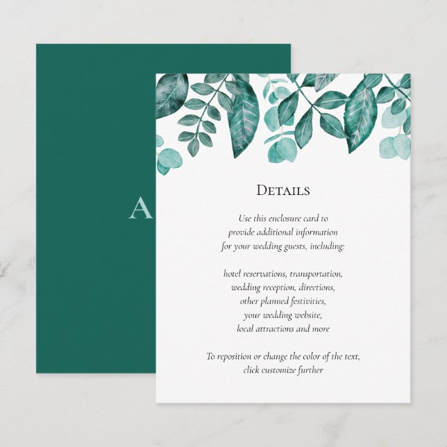 Information om Teal Greenery Bröllop Övriga upplys Tilläggskort (Fram/baksida)