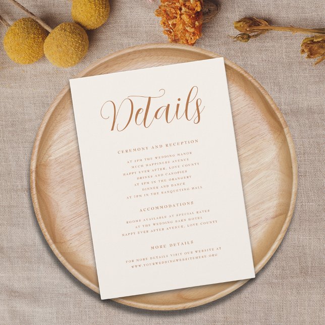 Information om Terracotta Elegant Script Modern Br Tilläggskort (Terracotta burnt orange beige cream Elegant script fall Wedding details card)
