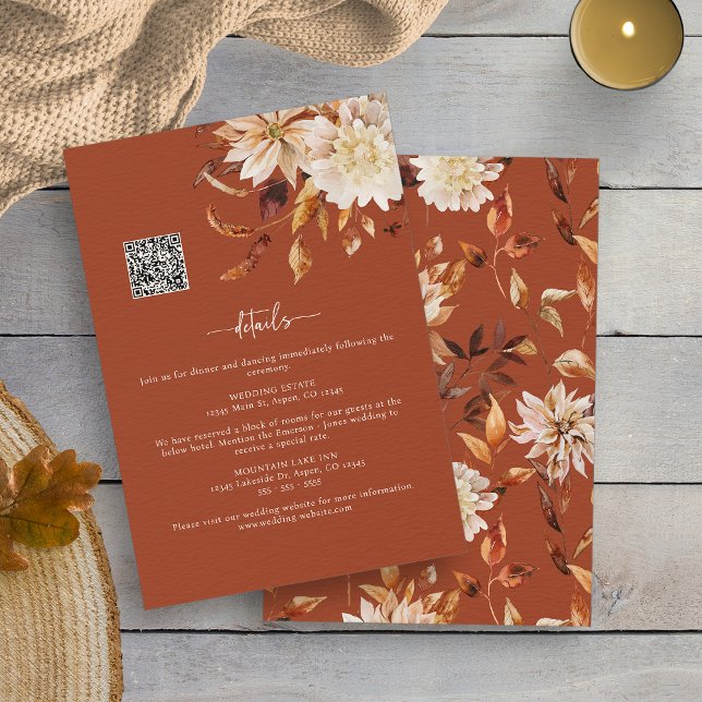 Information om Terracotta Fall Tilläggskort (Terracotta Fall Copper Leaves QR Code Details Enclosure Card by Painted Paperie
)