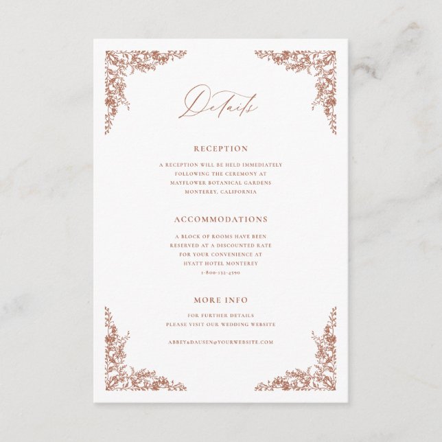 Information om Terracotta-hölje med Bröllop-info Tilläggskort (Framsida)