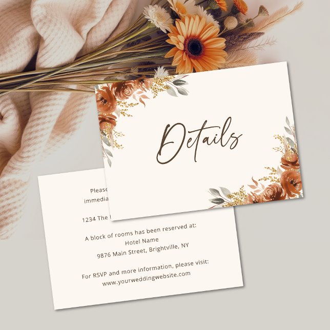 Information om Terracotta Rust Fall Blommigt Bröll Tilläggskort (Terracotta Rust Fall Floral Wedding Details Enclosure Card)