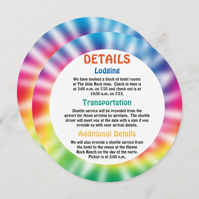 Information om tidigare hippie Hippy Tie Dye-hände Inbjudningar (Fram/baksida)