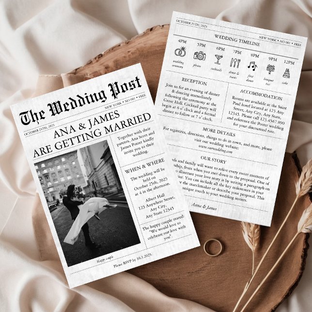 Information om tidslinje för annonsinbjudan för ti inbjudningar (Newspaper wedding Invitation with Timeline and Photo 
Unique Modern Aesthetic)
